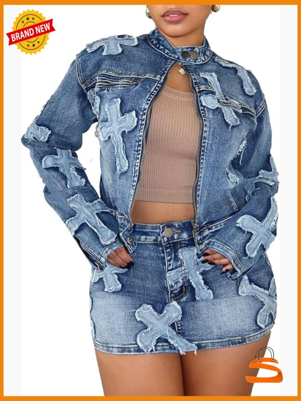 2 Piece Denim Skirt Set Long Sleeve Zip Up Jacket Mini Skirt Bodycon Y2K Outfit